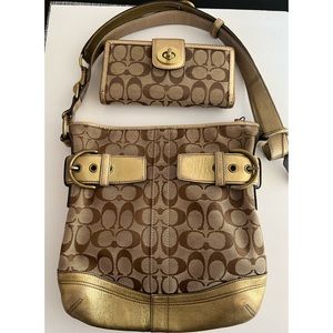 Vintage gold and brown coach purse and matching wallet